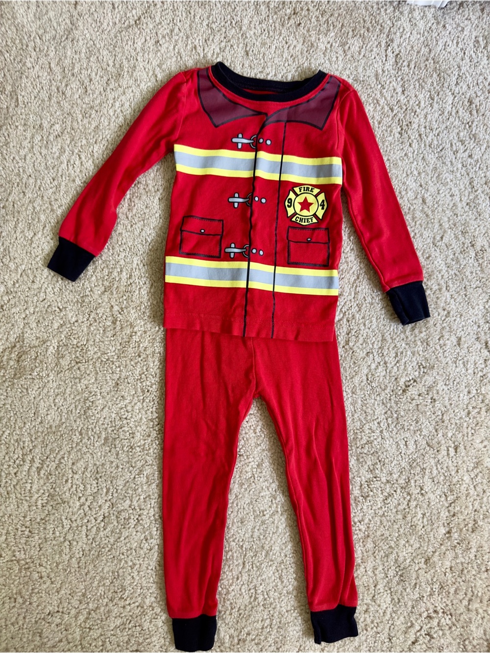 Old Navy Red Firefighter One-Piece Footie Pajamas with Yellow Reflective Stripes